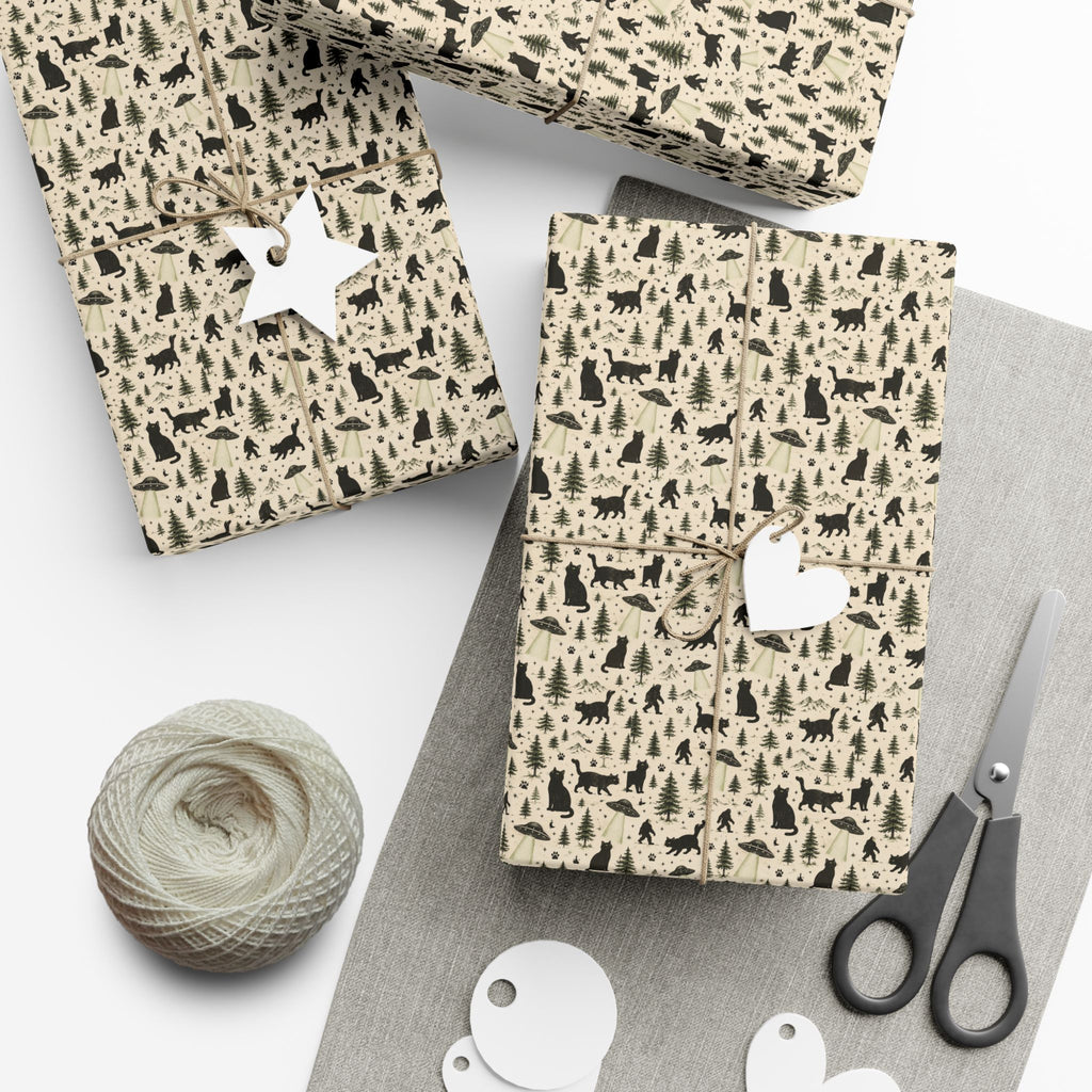 Cat, UFO & Bigfoot Wrapping Paper | Cryptid Cat Gift Wrap | Funny All-Occasion Wrap