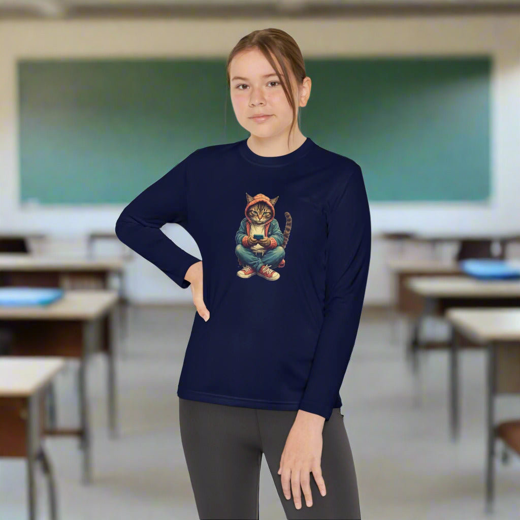 Popular Cat Lover's Youth Long Sleeve Tee, Cute Cat Apparel