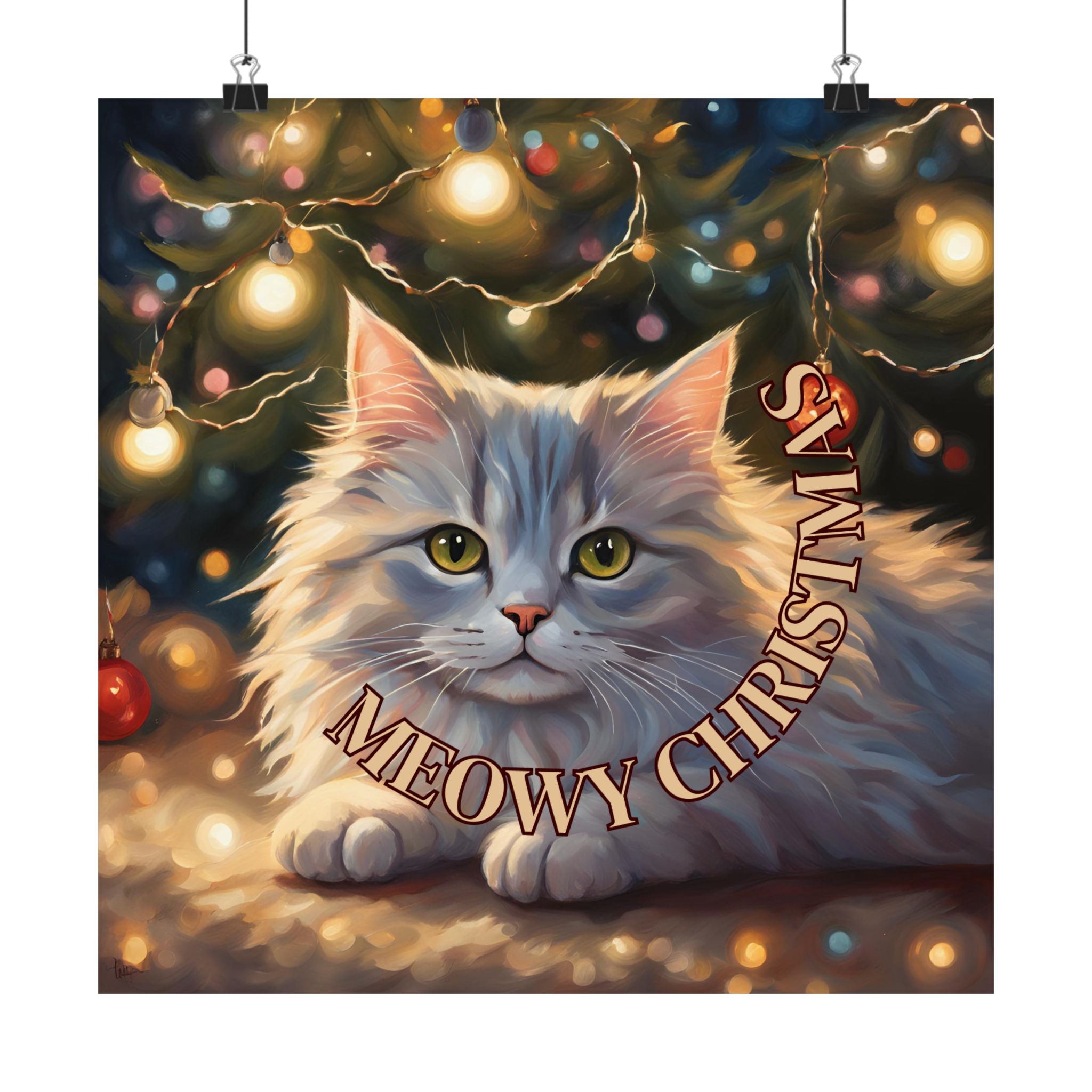 Photo depicting the ​White Meowy Christmas Kitty Matte Vertical Posters from EpiAl's Shop.