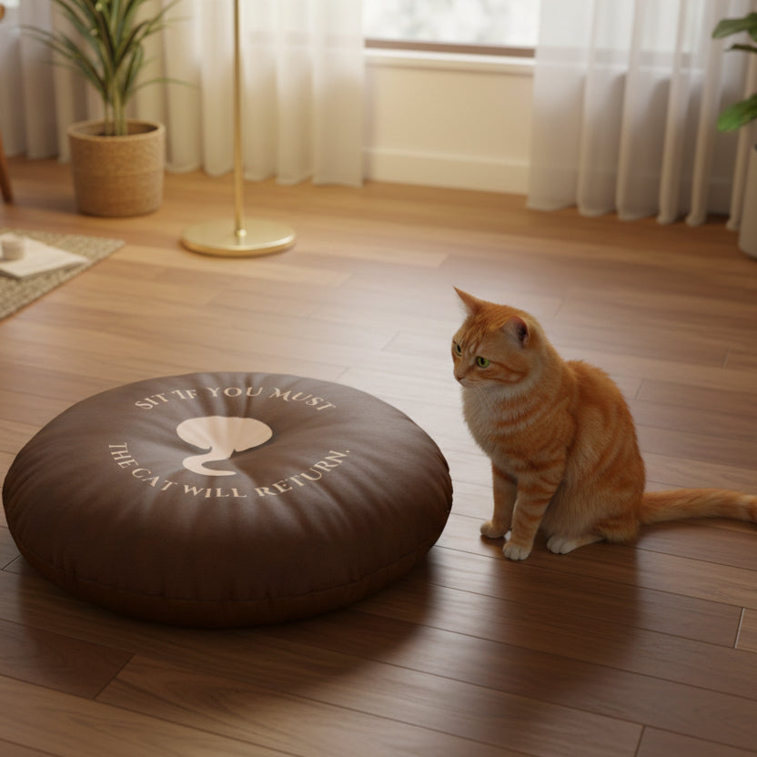 Sit If You Must. The Cat Will Return. Round Floor Pillow (Dry Humor Cat Cushion)