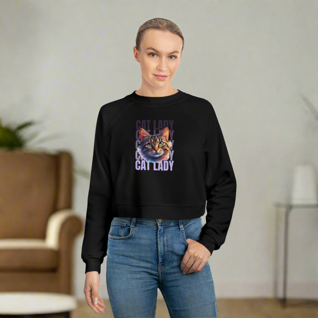 Colorful Cat Lady Cropped Fleece Pullover - Cozy Sweatshirt for Cat Lovers
