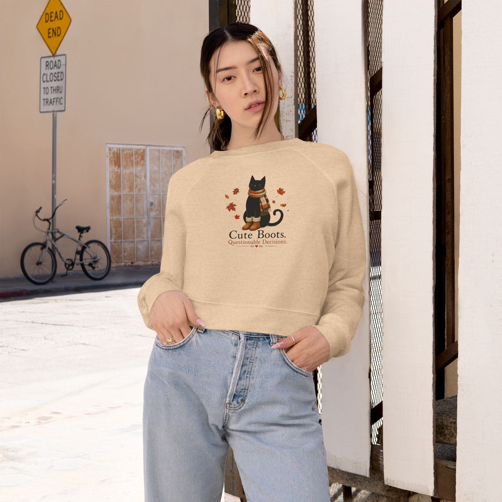 Cute Boots Questionable Decisions Cropped Sweatshirt | Funny Fall Cat Pullover