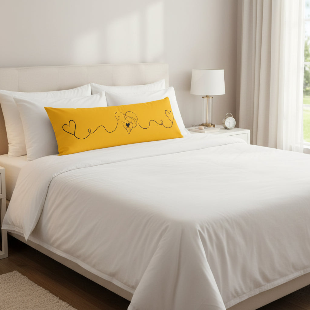 Connected Hearts Body Pillow – Minimal Line Art Couple & Cat Design, 20” × 54” Long Pillow