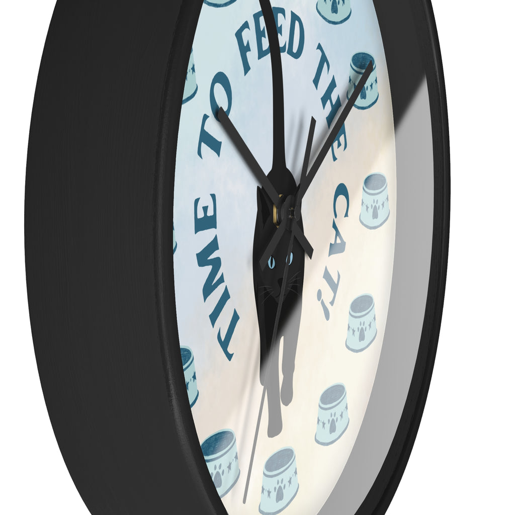 “Time to Feed the Cat!” Round Wall Clock – Black Frame, 10"