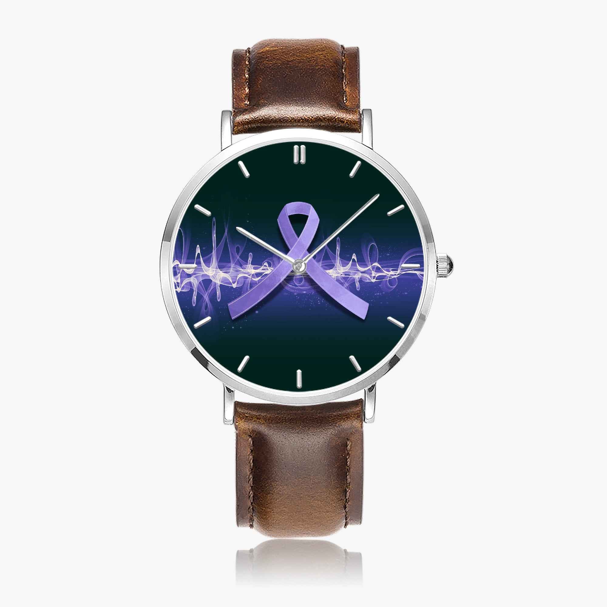 Neurostrong Purple Ribbon Watch – Unisex Stainless Steel Leather Band Timepiece