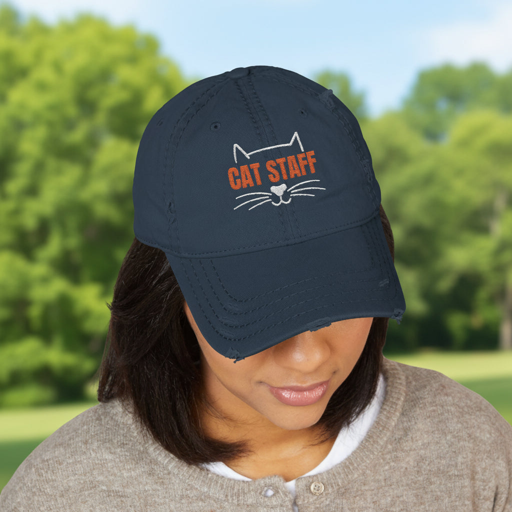 CAT STAFF Distressed Dad Hat | Funny Cat Lover Embroidered Cap