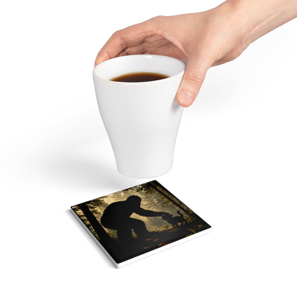Bigfoot & Cat Ceramic Coaster — Forest Sasquatch Silhouette Drink Mat
