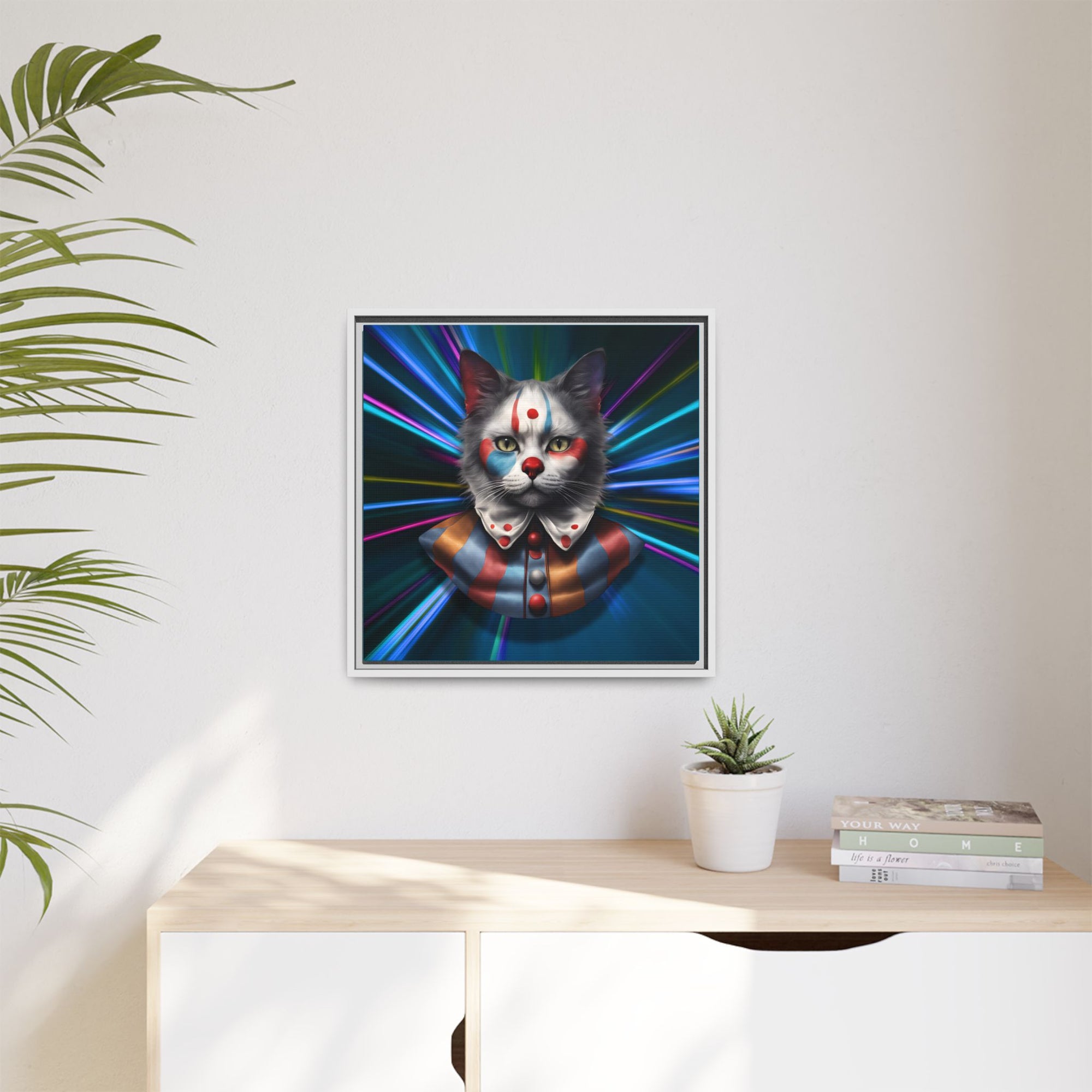 Colorful Cat Clown Framed Canvas Art – Quirky Home Decor for Pet Lovers