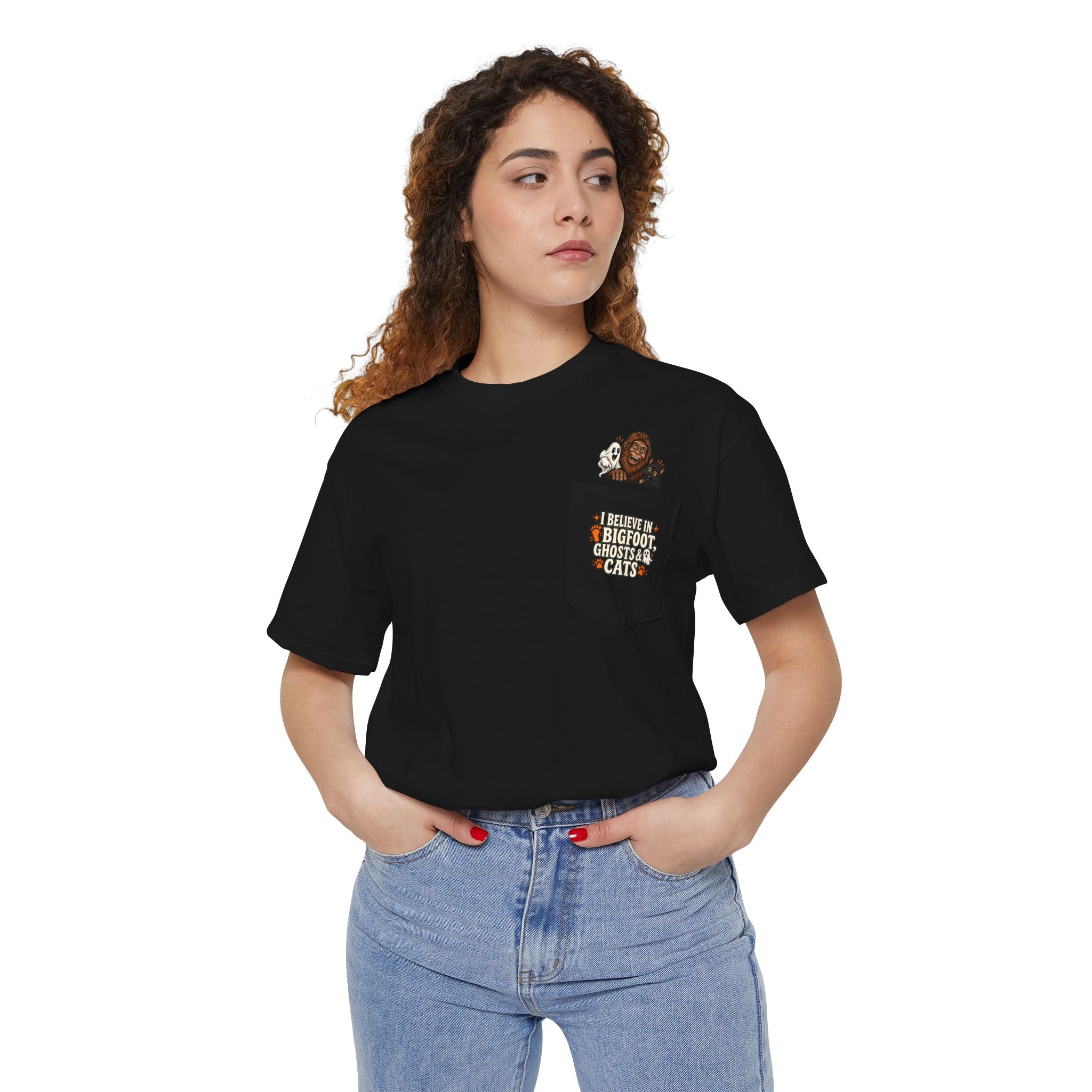 I Believe in Bigfoot, Ghosts & Cats Pocket T-Shirt