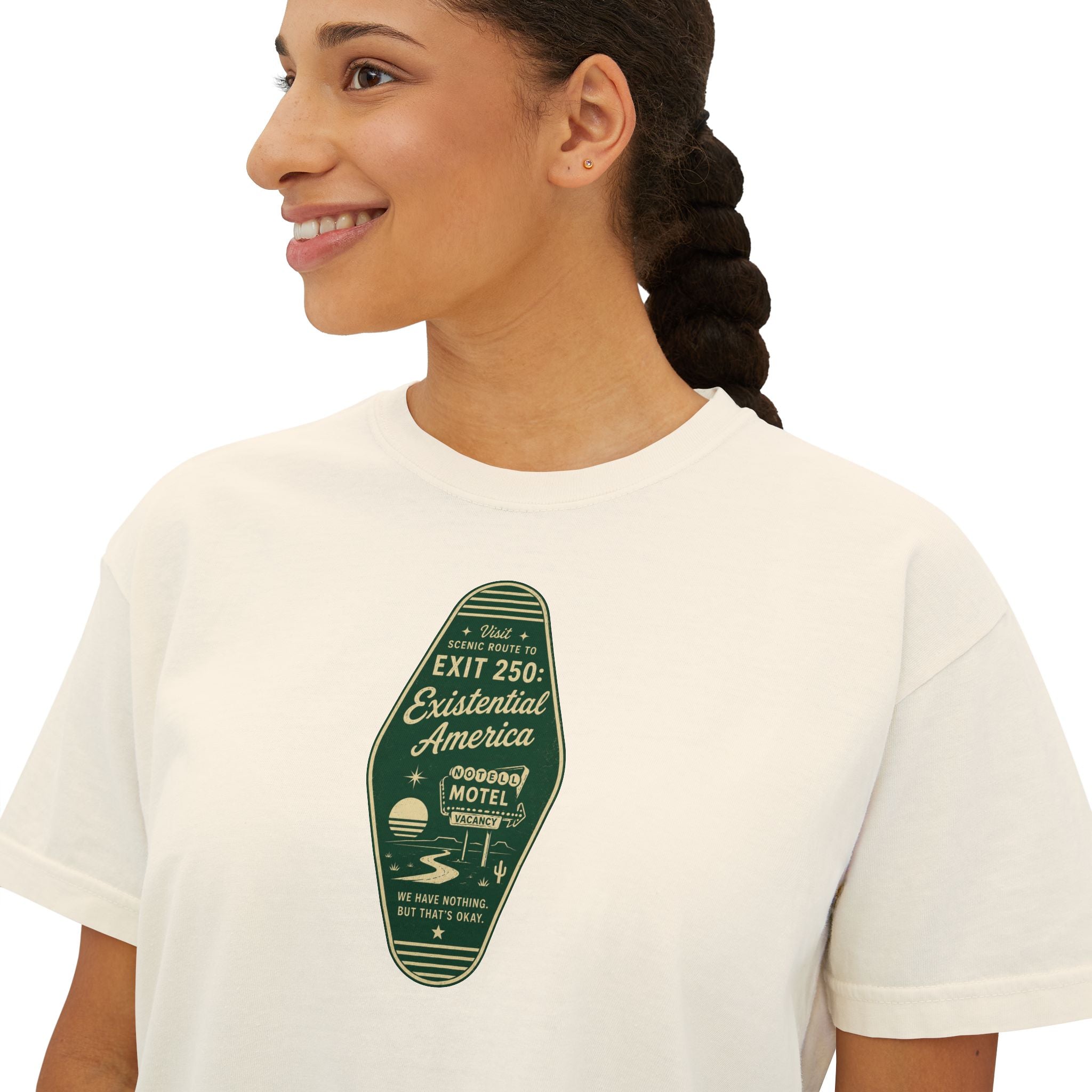 Exit 250 Existential America Cropped T-Shirt | Vintage Motel Graphic Tee