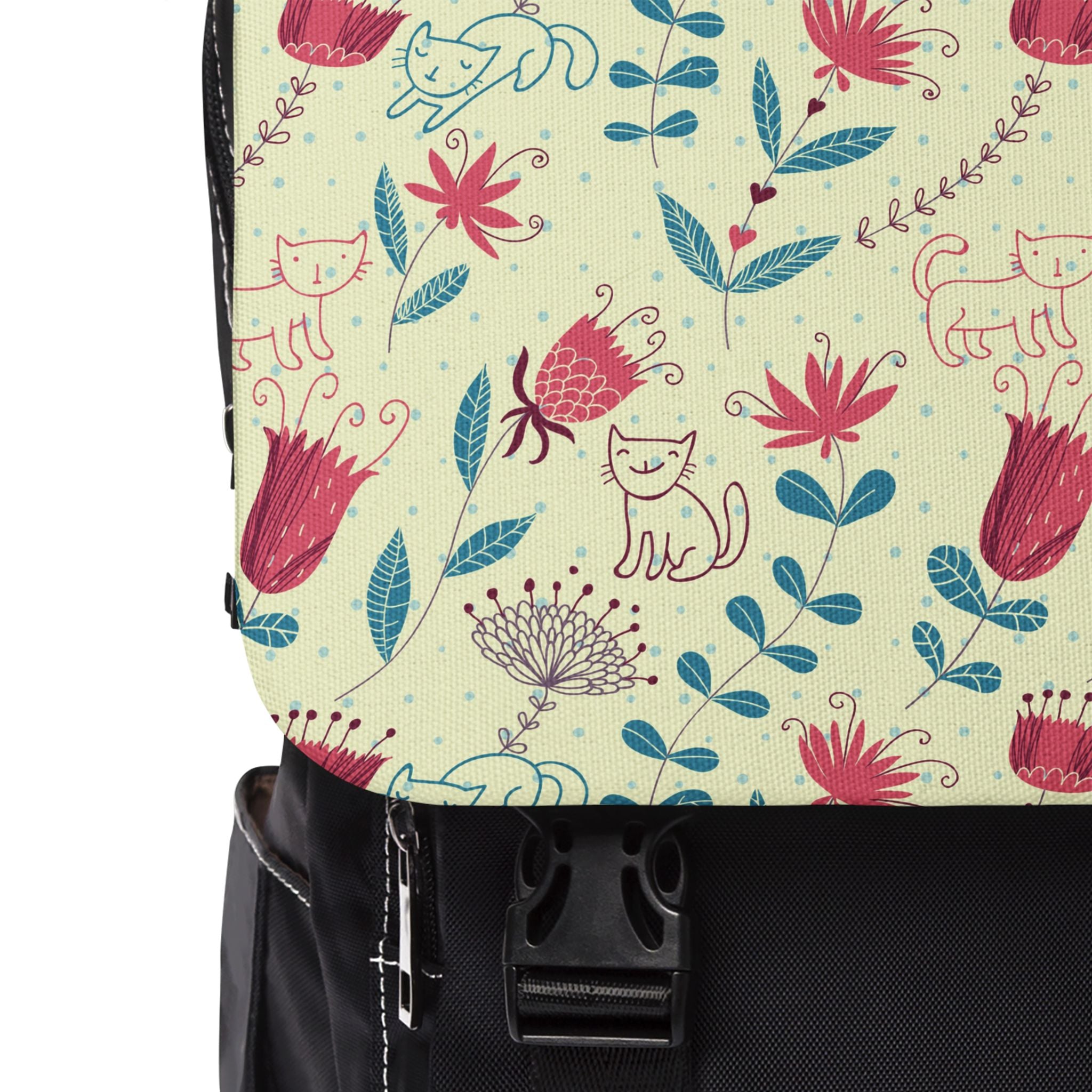 Whimsical Cats & Wildflowers Canvas Shoulder Backpack