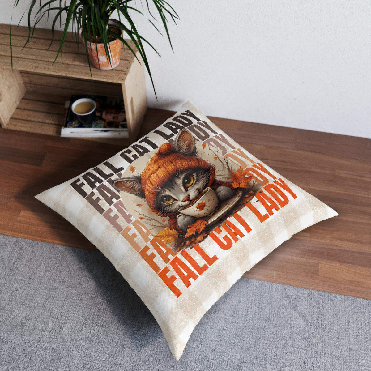 Fall Cat Lady Tufted Floor Pillow, Cozy Home Decor
