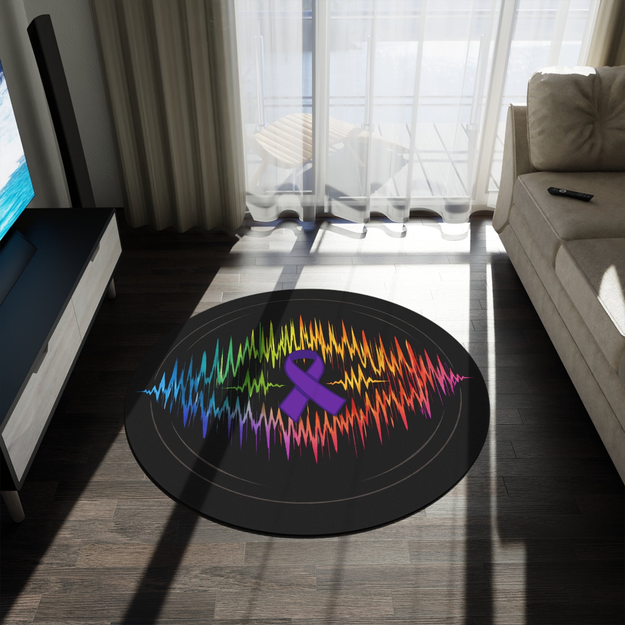 Epilepsy Awareness Brainwave Round Rug – Rainbow Signal on Black