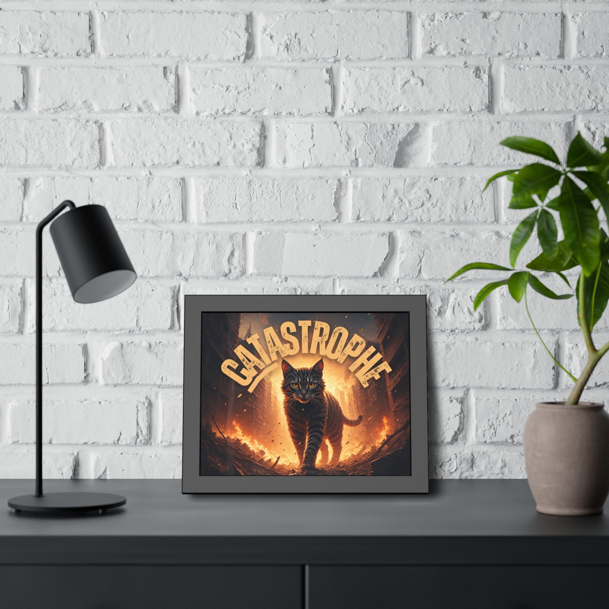 Framed Catastrophe Cat Poster Art, Quirky Cat Artwork