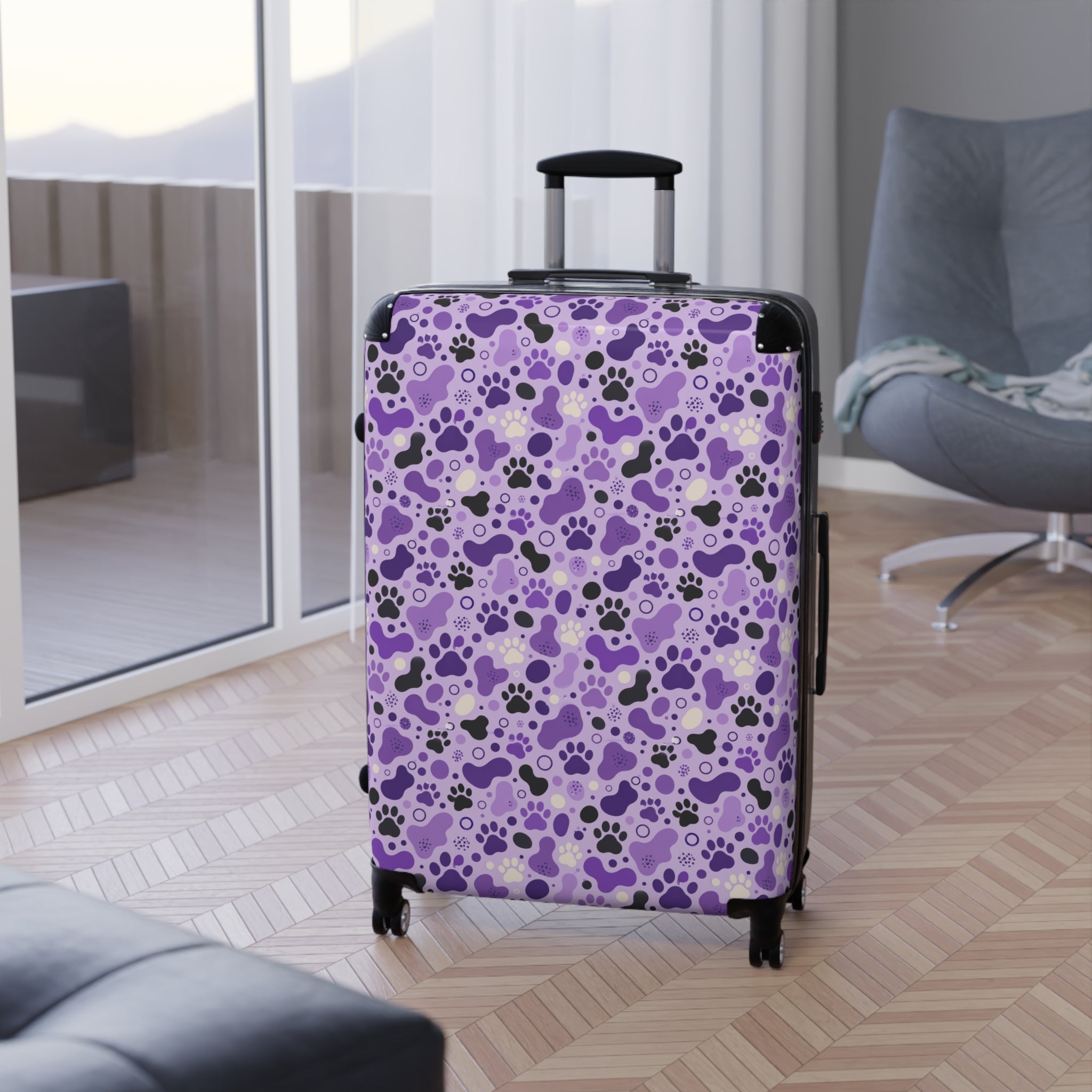 Purple Cat Paw Print Hard-Shell Suitcase | Abstract Cat Lover Luggage