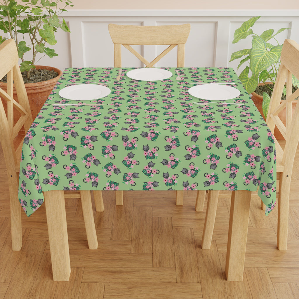 Whisker Bloom Tablecloth – Cat & Floral Pattern Mint Green Square Table Cover