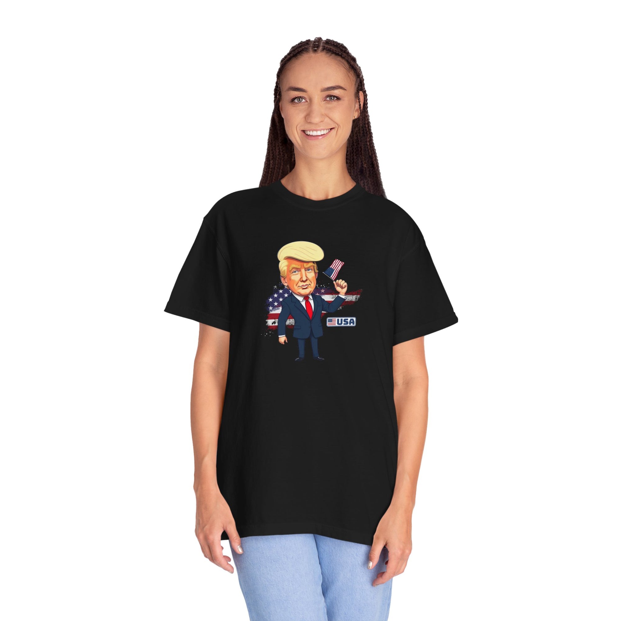 Patriotic Cartoon T-Shirt - Unisex Garment-Dyed Tee with Trump Design