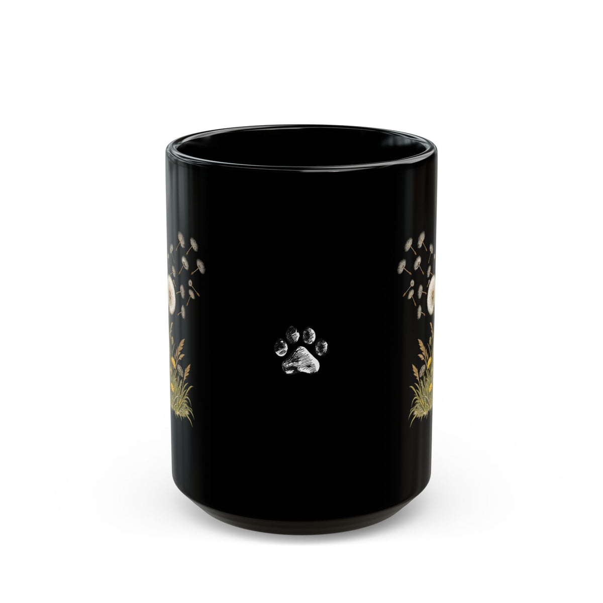 Kitten & Dandelion Black Ceramic Mug | Cat Lover Coffee Cup | 11oz & 15oz