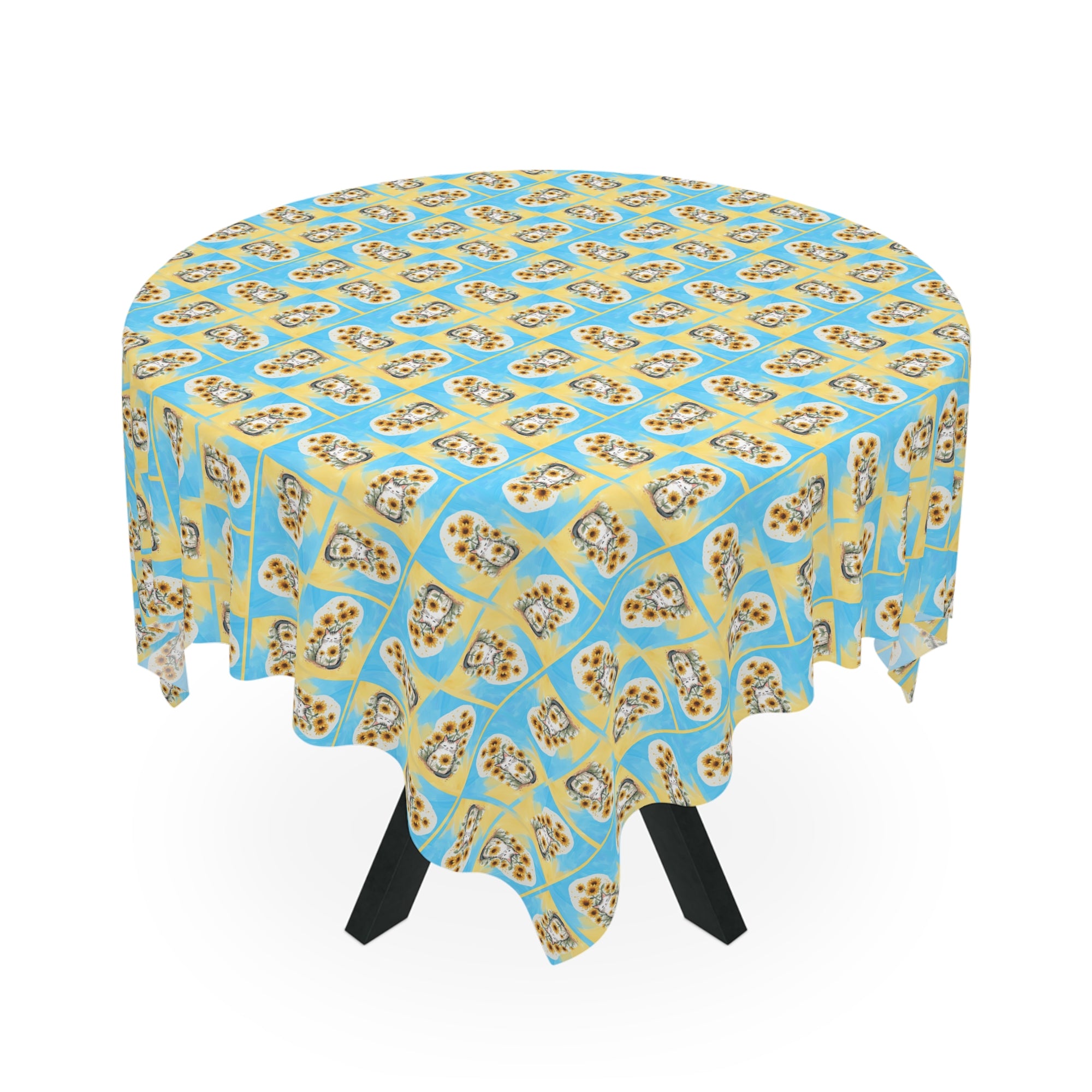 Cheerful Sunflower Kitty Tablecloth for Dining