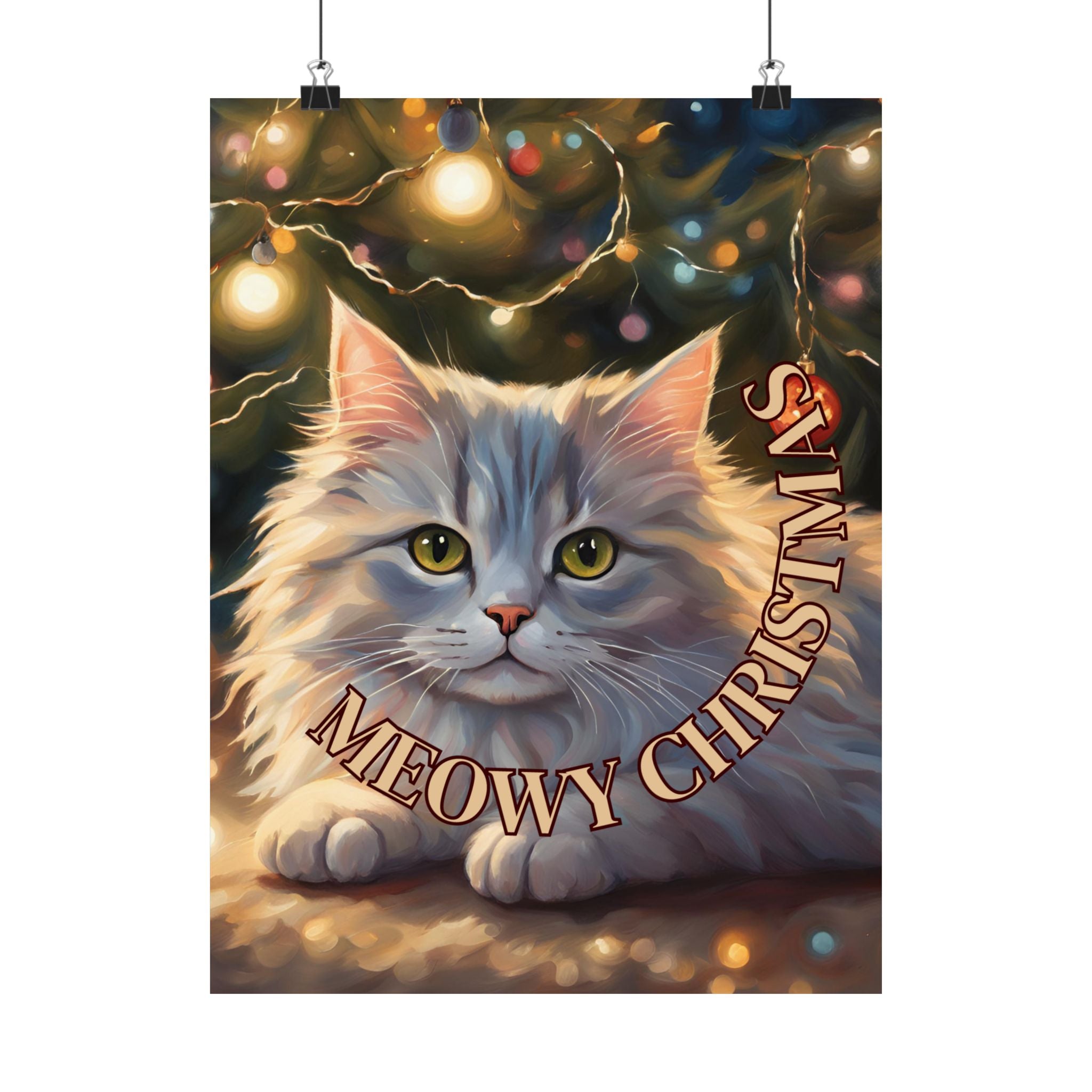 Photo depicting the ​White Meowy Christmas Kitty Matte Vertical Posters from EpiAl's Shop.