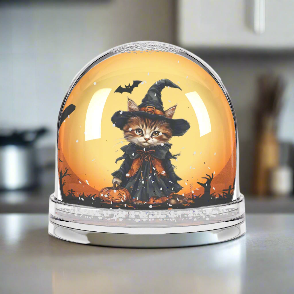 Halloween Cat Snow Globe with Witch Design