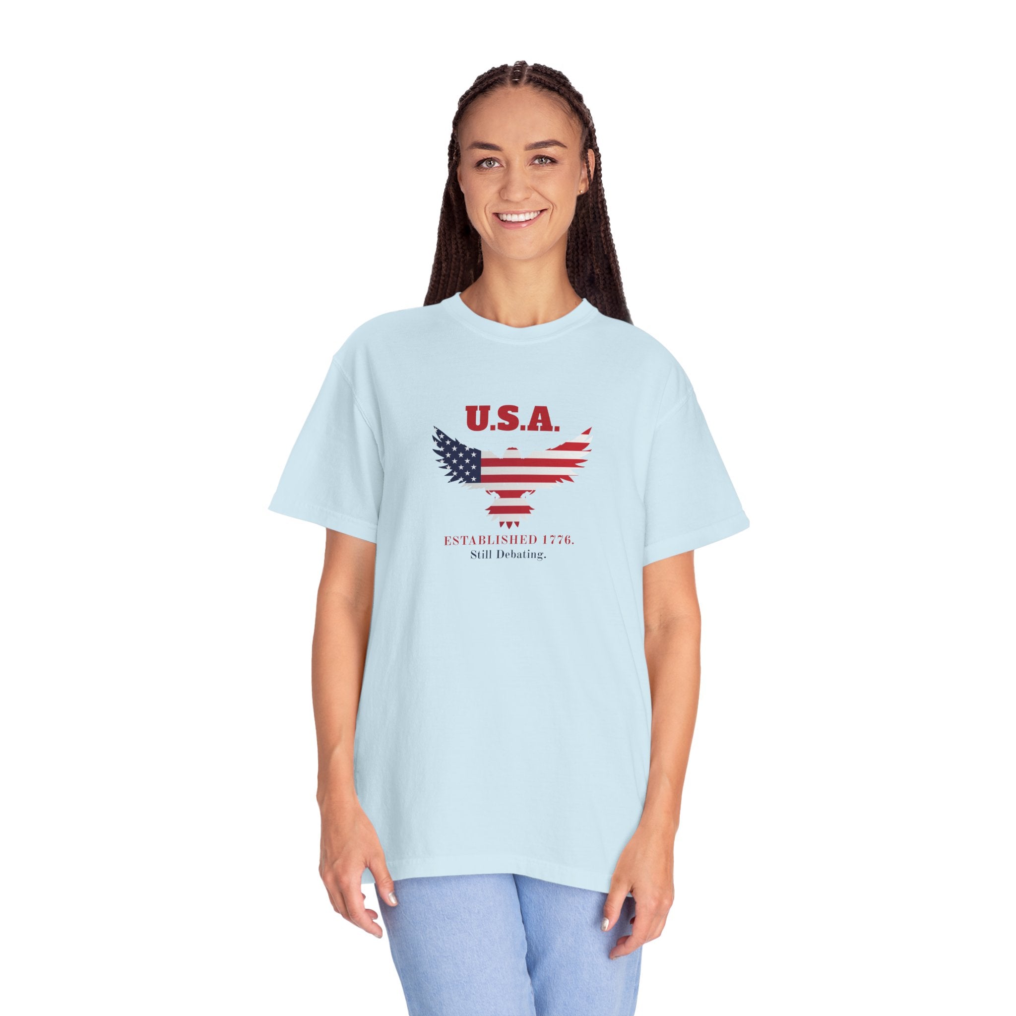 U.S.A. Still Debating Tee – Patriotic Humor Heavyweight Shirt