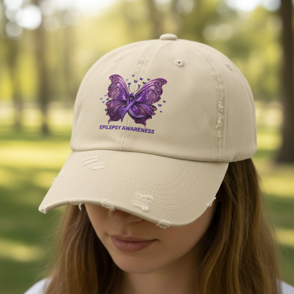 Epilepsy Butterfly Unisex Distressed Cap - Hats - Epileptic Al’s Shop
