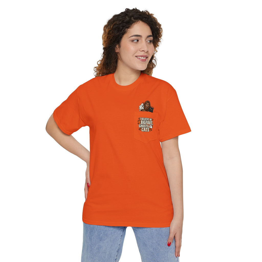 I Believe in Bigfoot, Ghosts & Cats Pocket T-Shirt