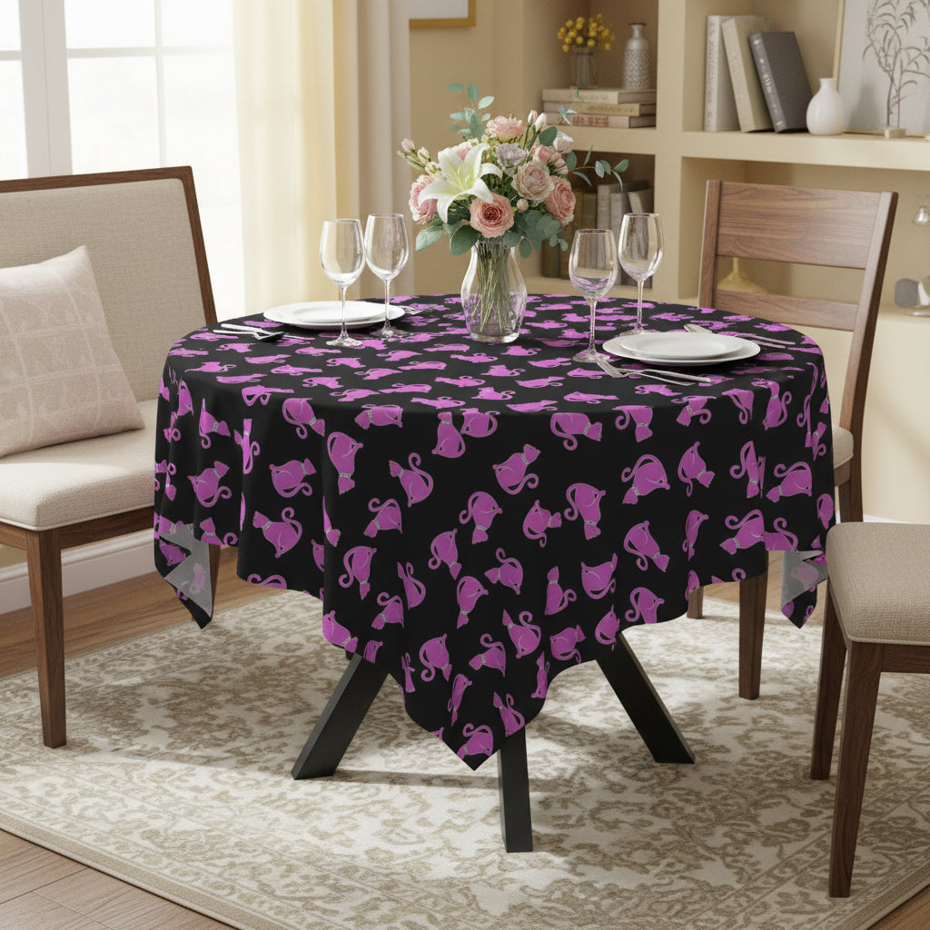 Pink Cat Night Tablecloth – Bright Cat Pattern on Black Square Table Cover