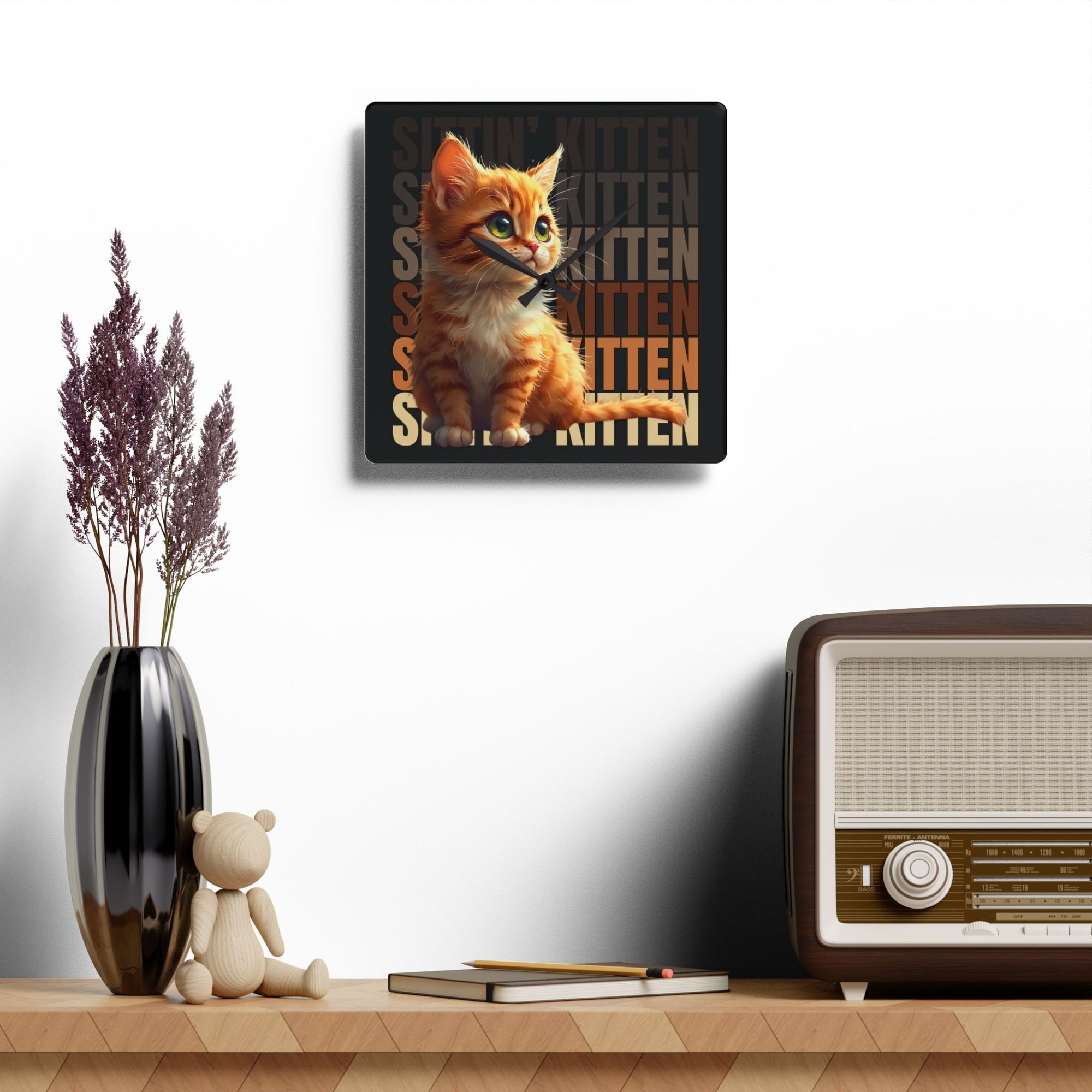 Sittin' Kitten Acrylic Wall Clock, Cute Cat Decor