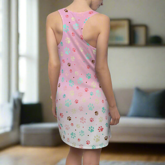 Cute Pink Paw Print Racerback Dress for Pet Lovers Printify