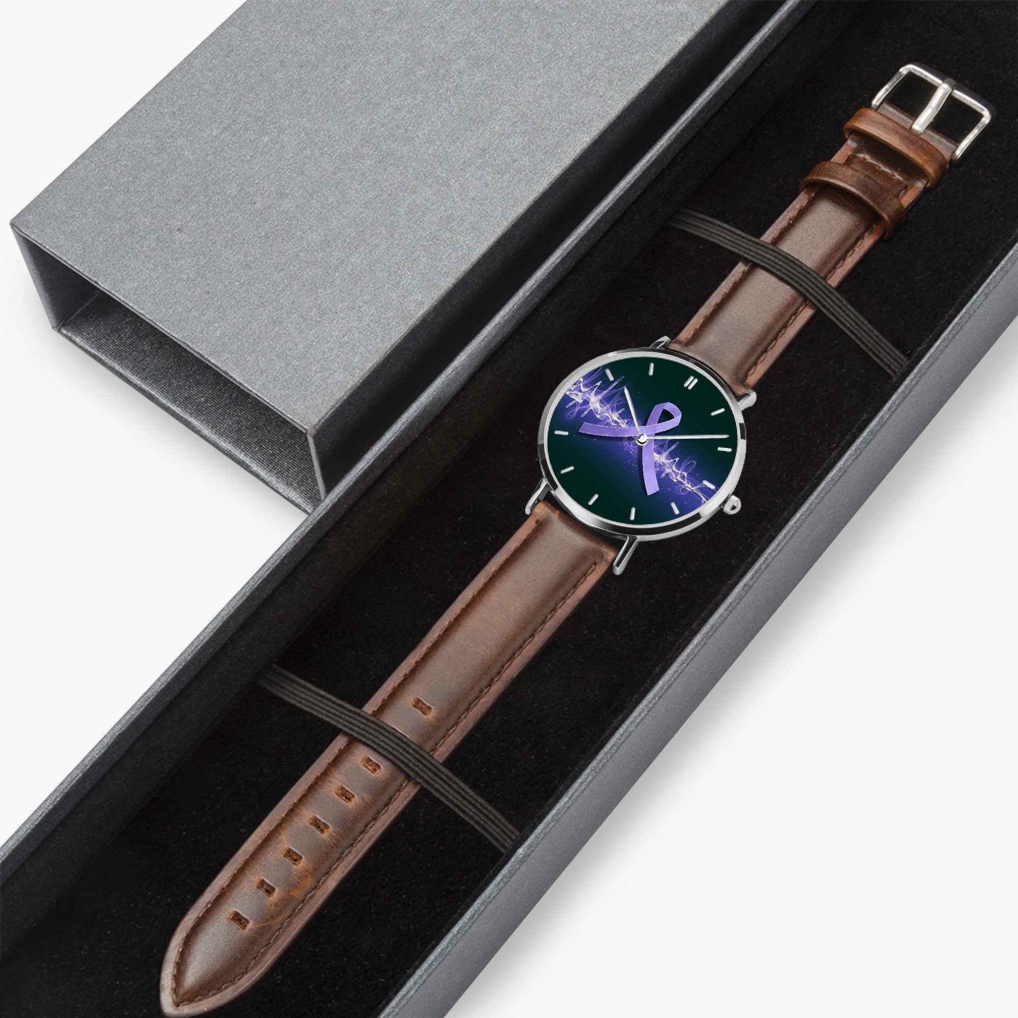 Neurostrong Purple Ribbon Watch – Unisex Stainless Steel Leather Band Timepiece