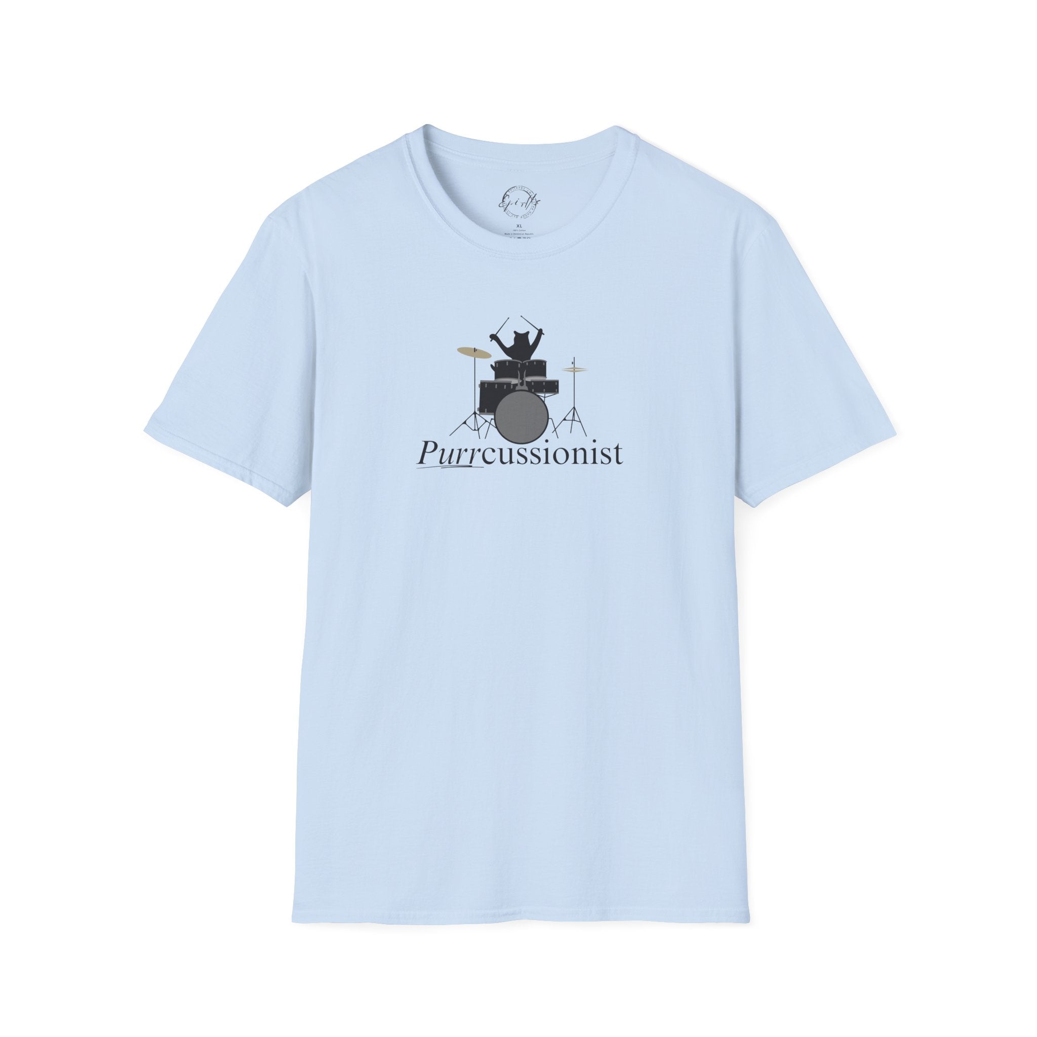 Photo depicting the ​Purrcussionist Unisex Softstyle T-Shirt from EpiAl's Shop.