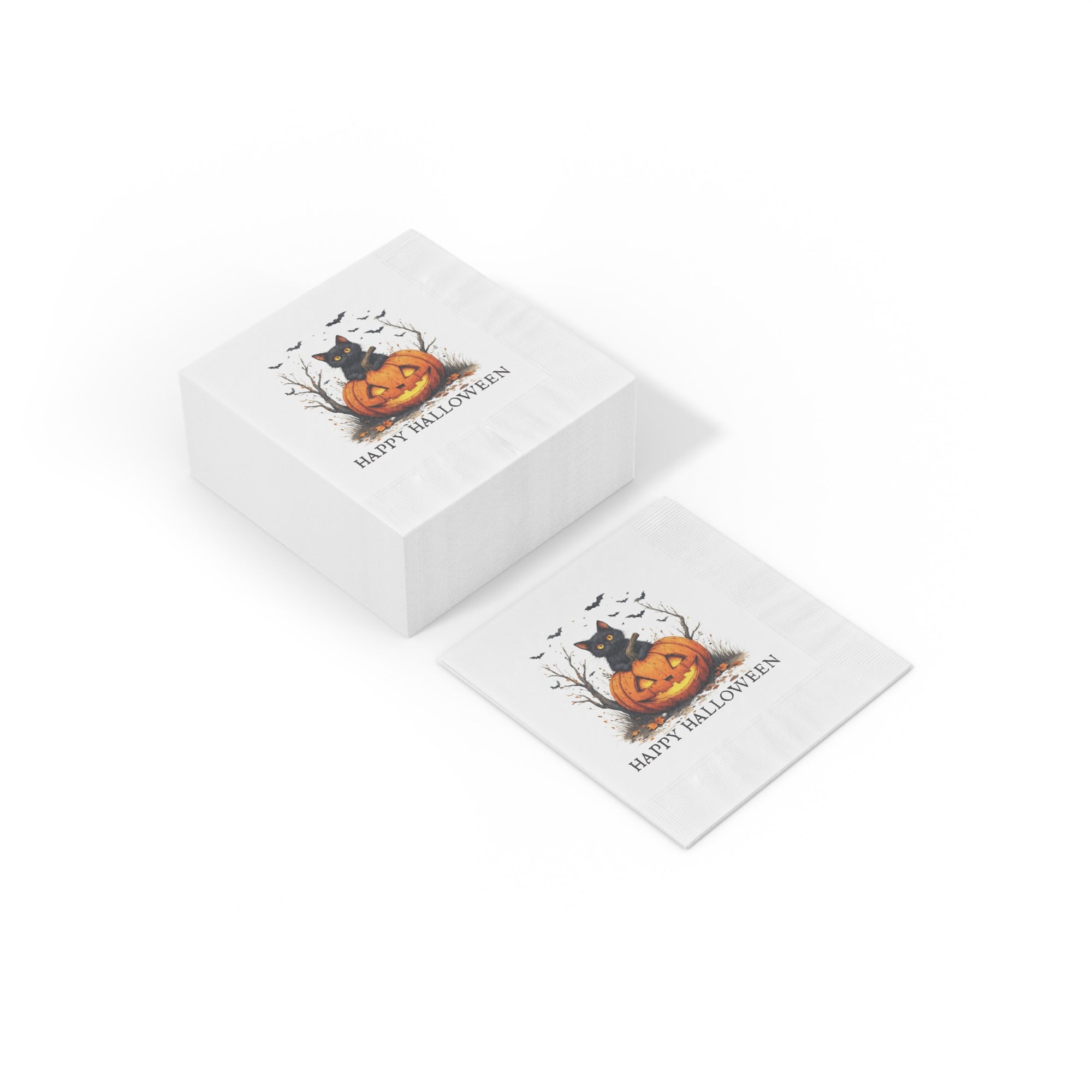 Halloween Themed Napkins with Cat and Pumpkin Design