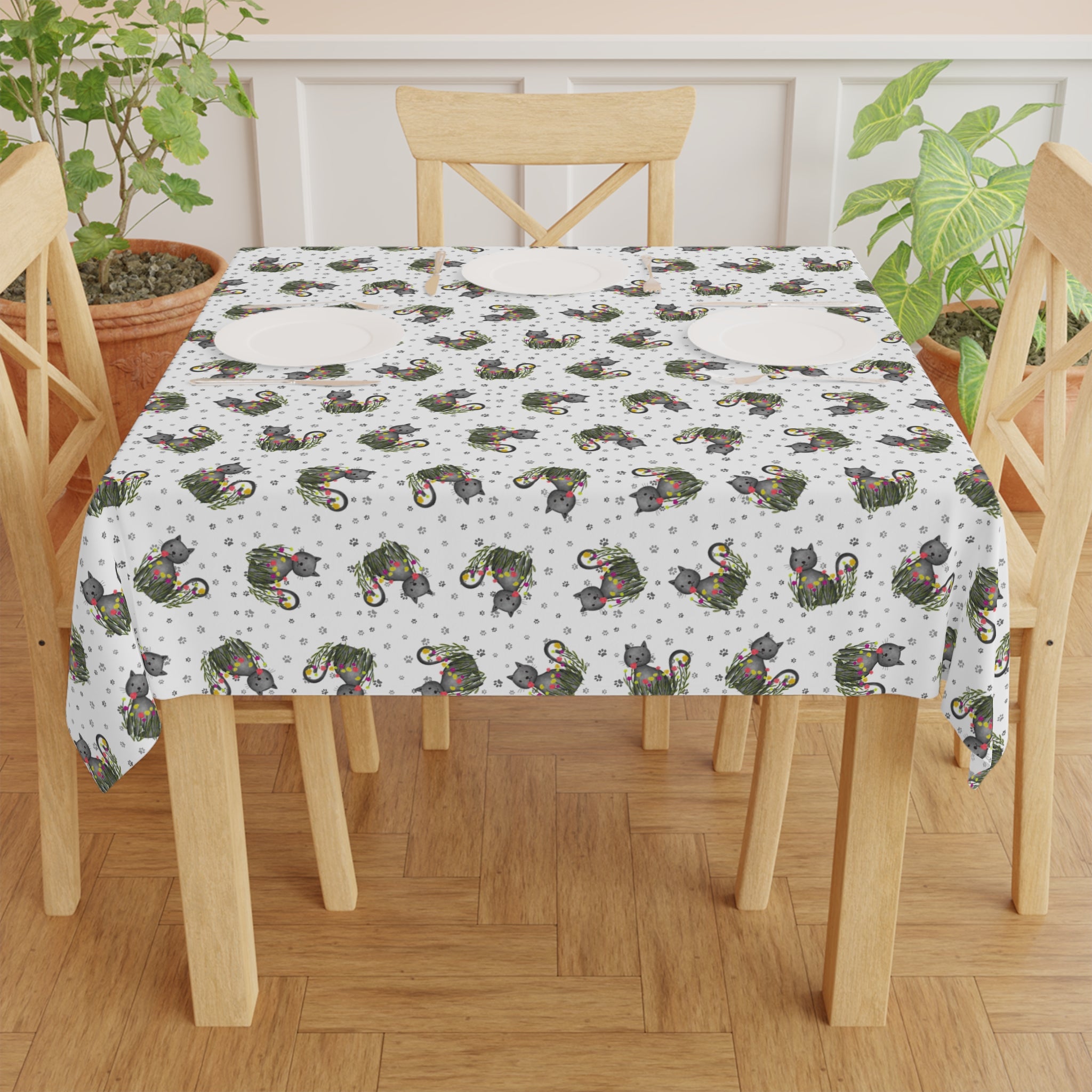 Whimsical Cat Medallion Square Tablecloth – 55" x 55"