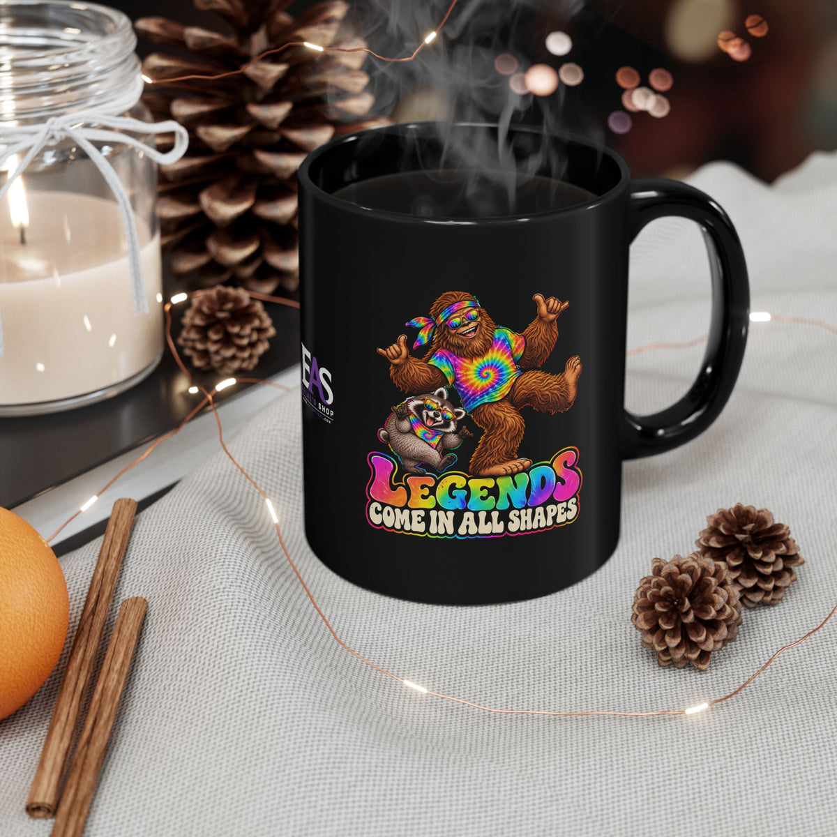 Legends Come in All Shapes | Bigfoot & Jimothy Raccoon Black Ceramic Mug (11oz/15oz)