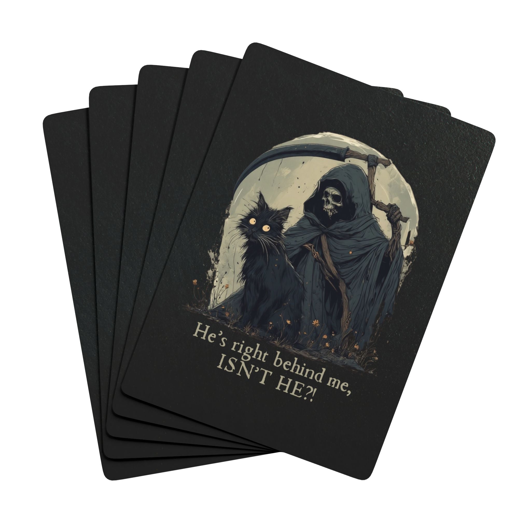 “He’s Right Behind Me, Isn’t He?” Black Cat Poker Playing Cards – Whimsical Dark Art Deck