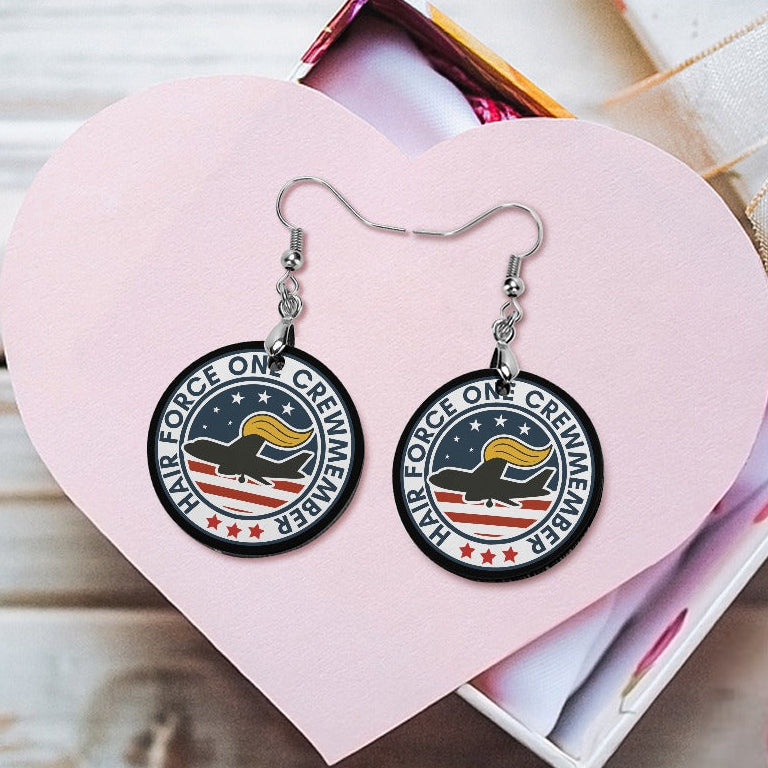 Hair Force One Crew Member Wood Earrings – Political Parody Statement Dangles