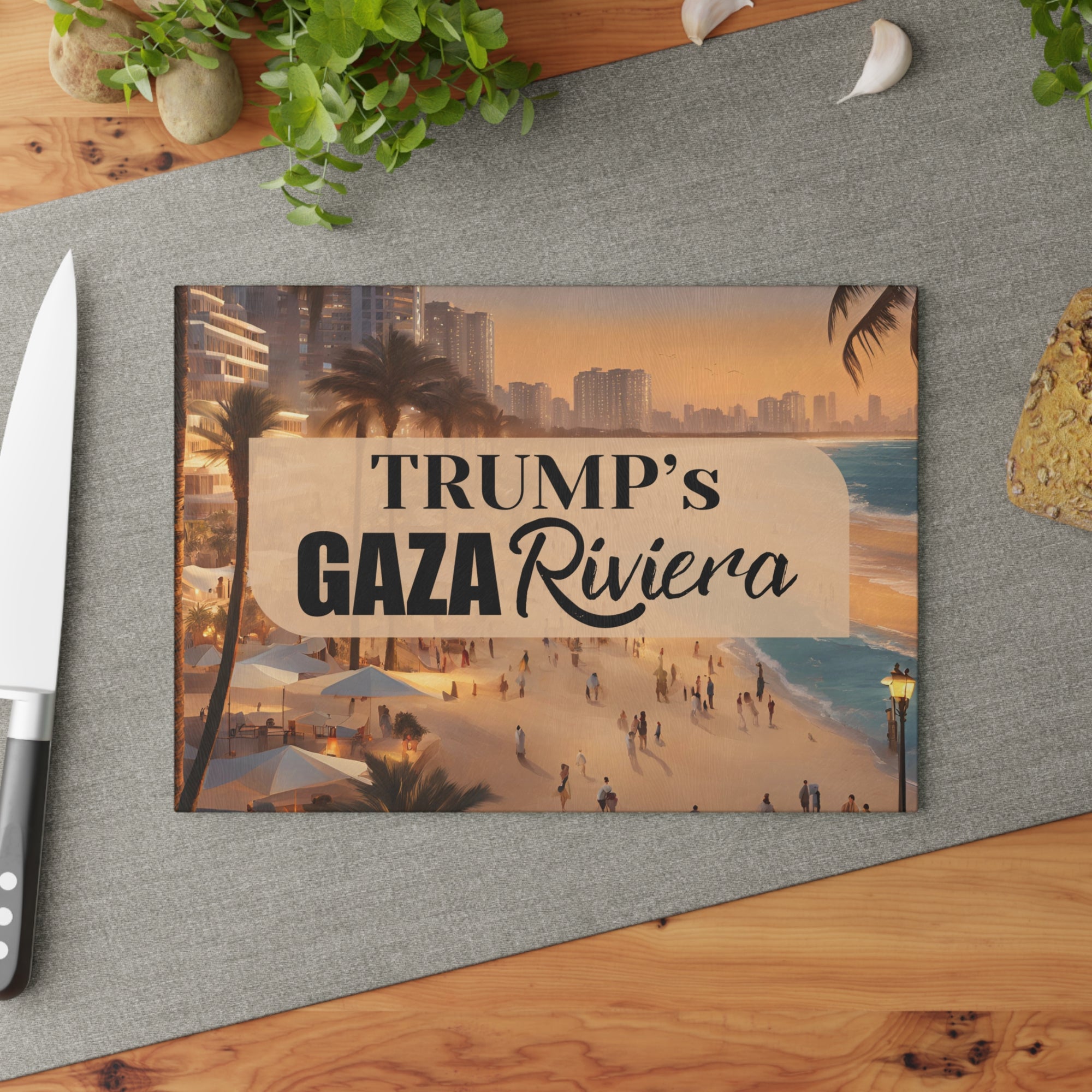 Humorous Glass Cutting Board – Trump’s Gaza Riviera