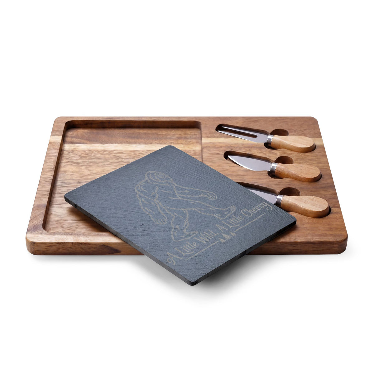 Bigfoot Charcuterie Board | A Little Wild, A Little Cheesy | Engraved Slate & Acacia Wood Cheese Board