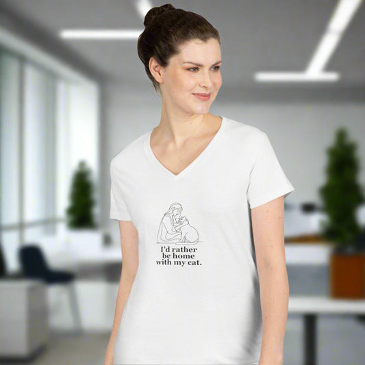 Ladies' V-Neck T-Shirt - 'I'd Rather Be Home With My Cat' - Cat Lover Tee