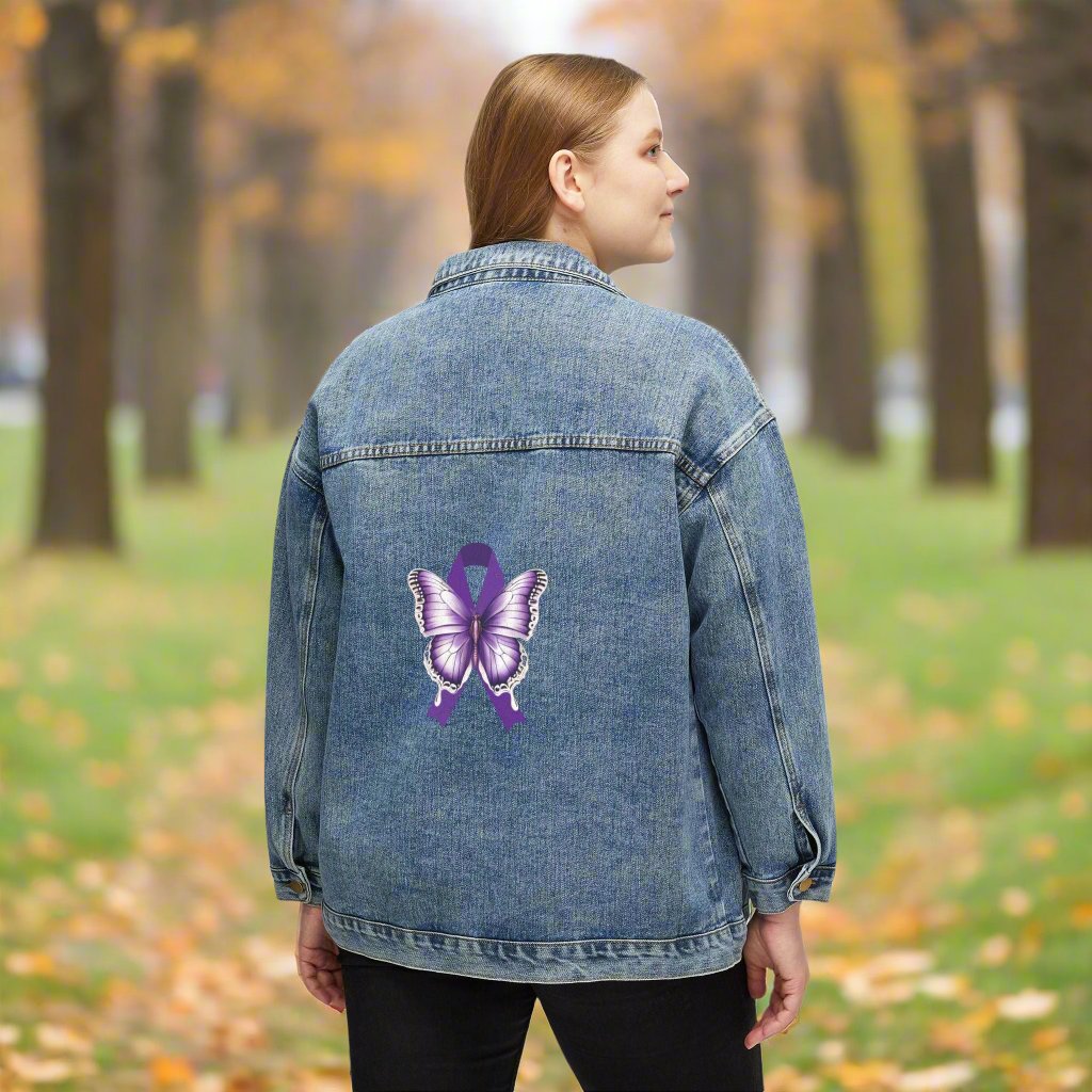 Photo depicting the ​Epilepsy Butterfly Women's Denim Jacket from EpiAl's Shop.