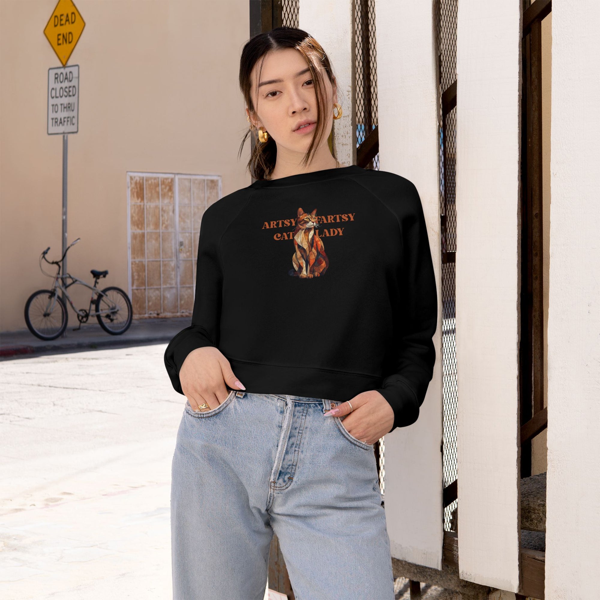 Artsy Fartsy Cat Lady Cropped Fleece Pullover, Autumn Fashion