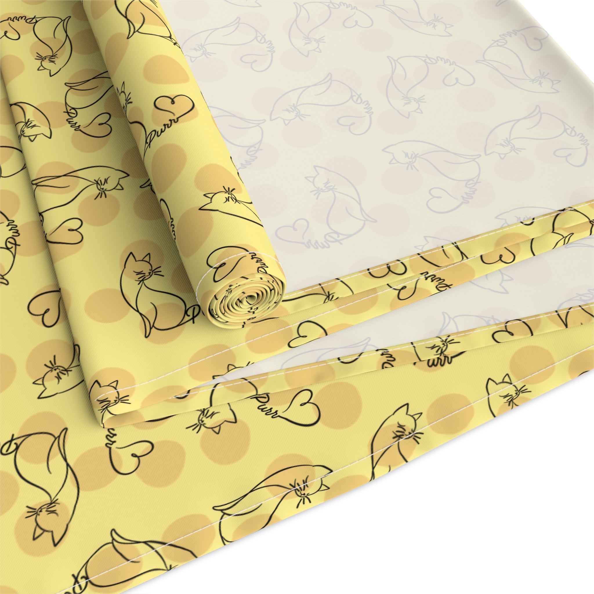 Golden Purr Cat Table Runner – Minimalist Line Art Polka Dot Design