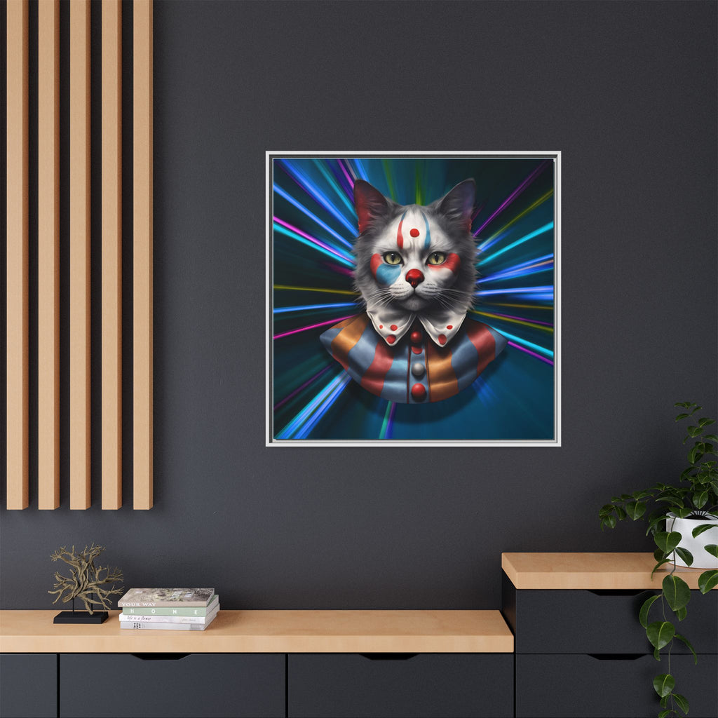 Colorful Cat Clown Framed Canvas Art – Quirky Home Decor for Pet Lovers