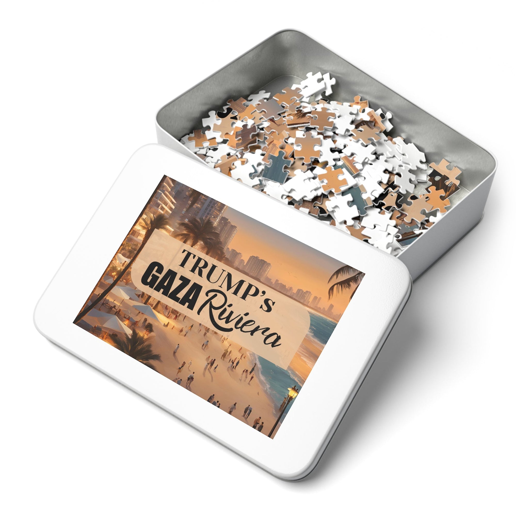 Trump's Gaza Riviera Jigsaw Puzzle with Tin Printify