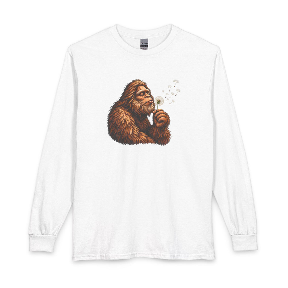 Bigfoot Blowing Dandelion Long Sleeve T-Shirt | Peaceful Sasquatch Nature Tee