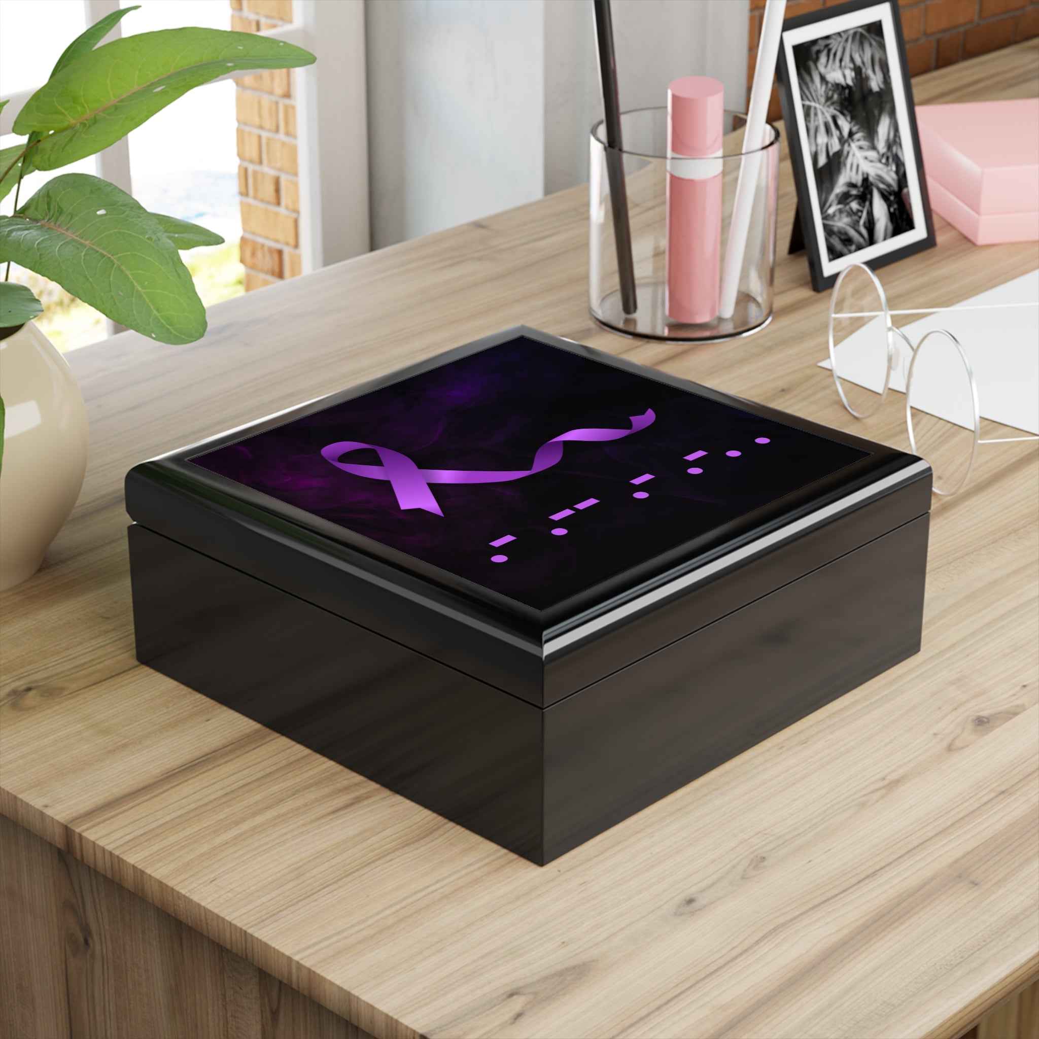 Purple Ribbon “AWARE” Morse Code Keepsake Box – Epilepsy Awareness