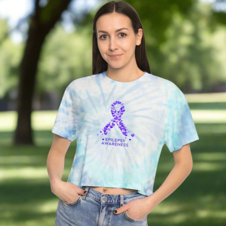 Women's Purple Ribbon Tie-Dye Crop Tee for Epilepsy Awareness