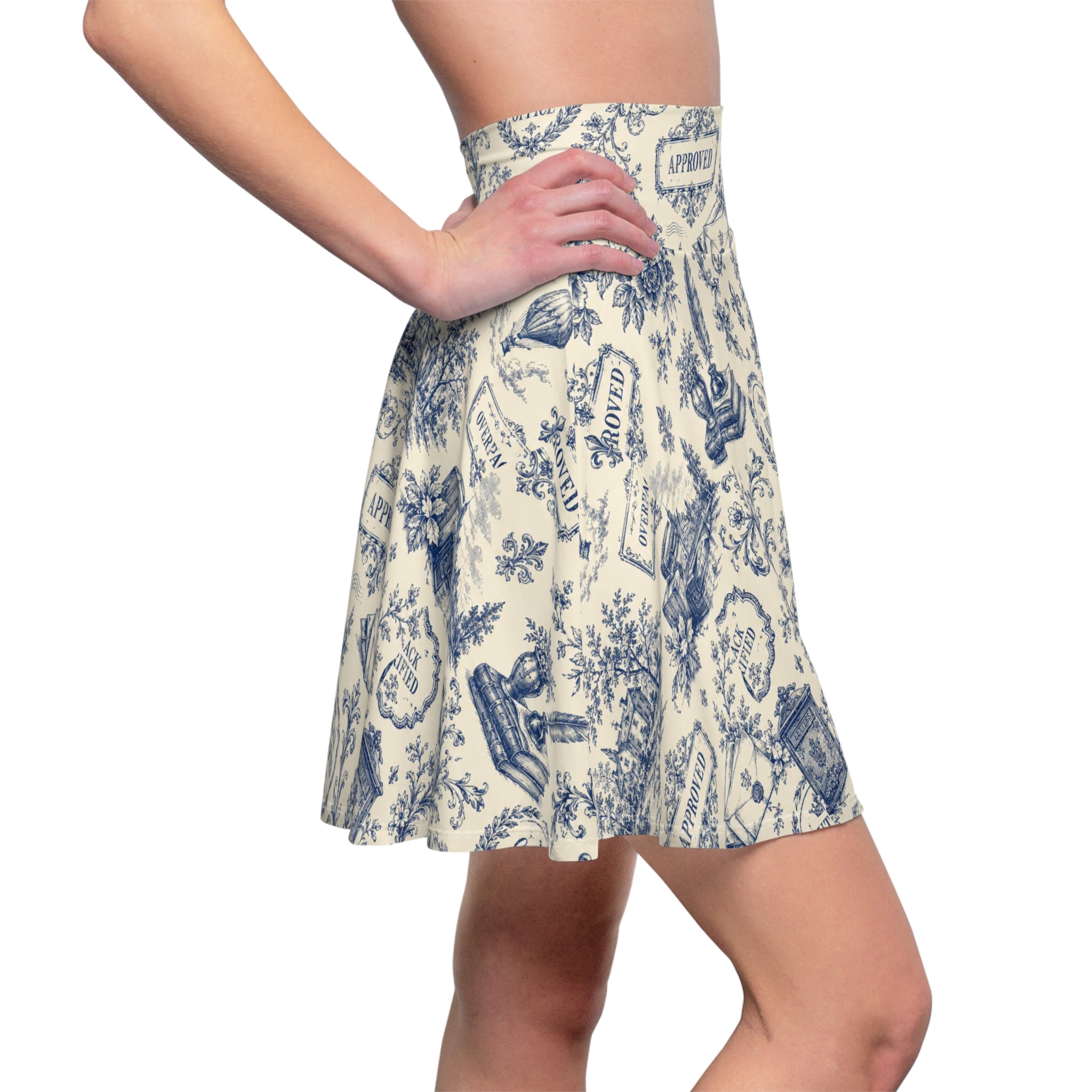 Vintage Office Toile Skater Skirt – Blue and Ivory High-Waisted Flared Skirt